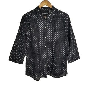 Liz Claiborne Womens XL Black White Polka Dot 100% Cotton 3/4 Sleeve Blouse Mod